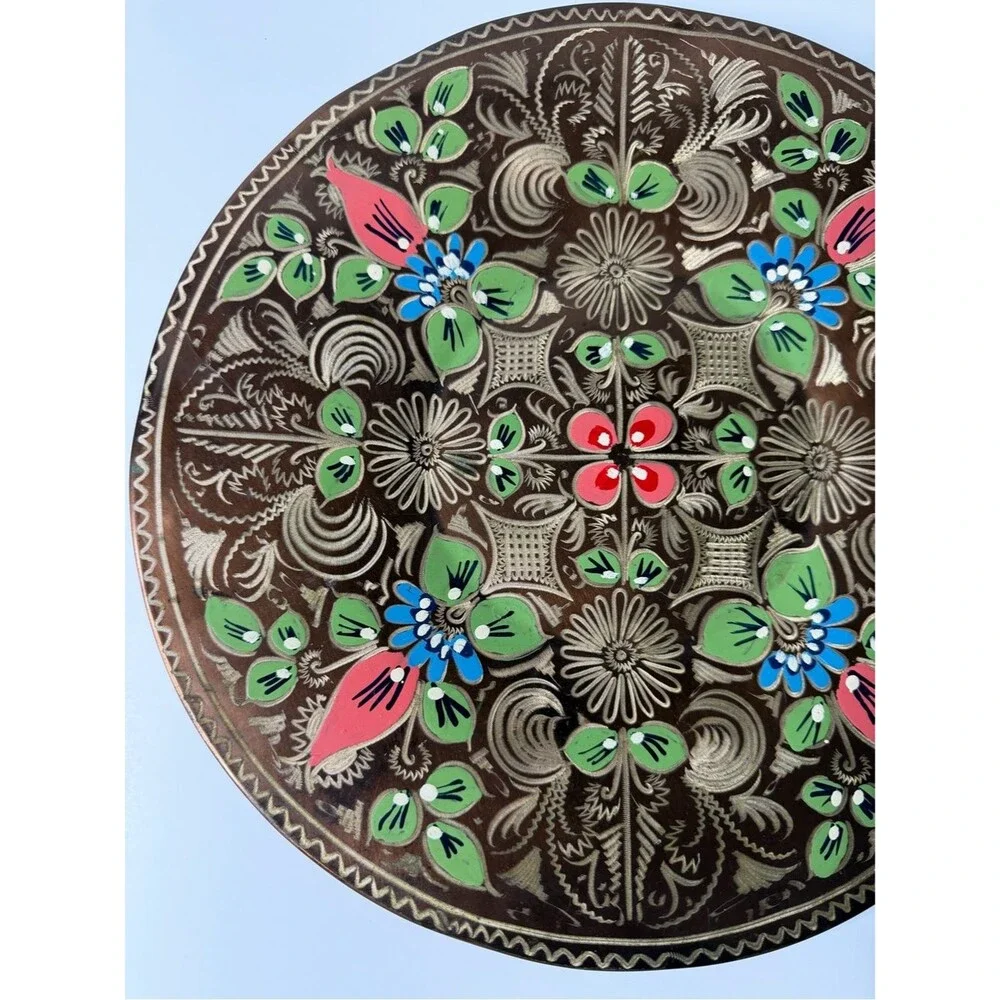 Vintage Turkish Hand Painted Copper Wall Plate 11.5